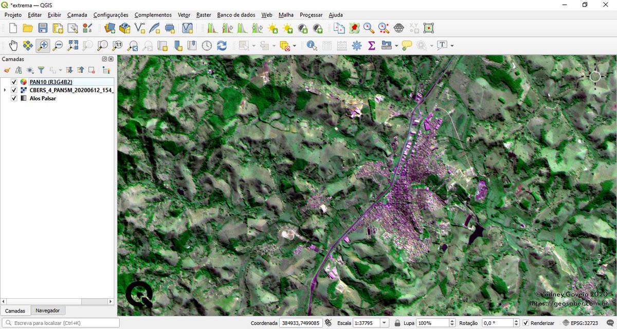 Made with #QGIS π
Only symbology, without Pansharpening
PAN10 (10m) Virtual Raster color composition overlaid to PAN5 (5m) Panchromatic band.
#CBERS4 satellite image.