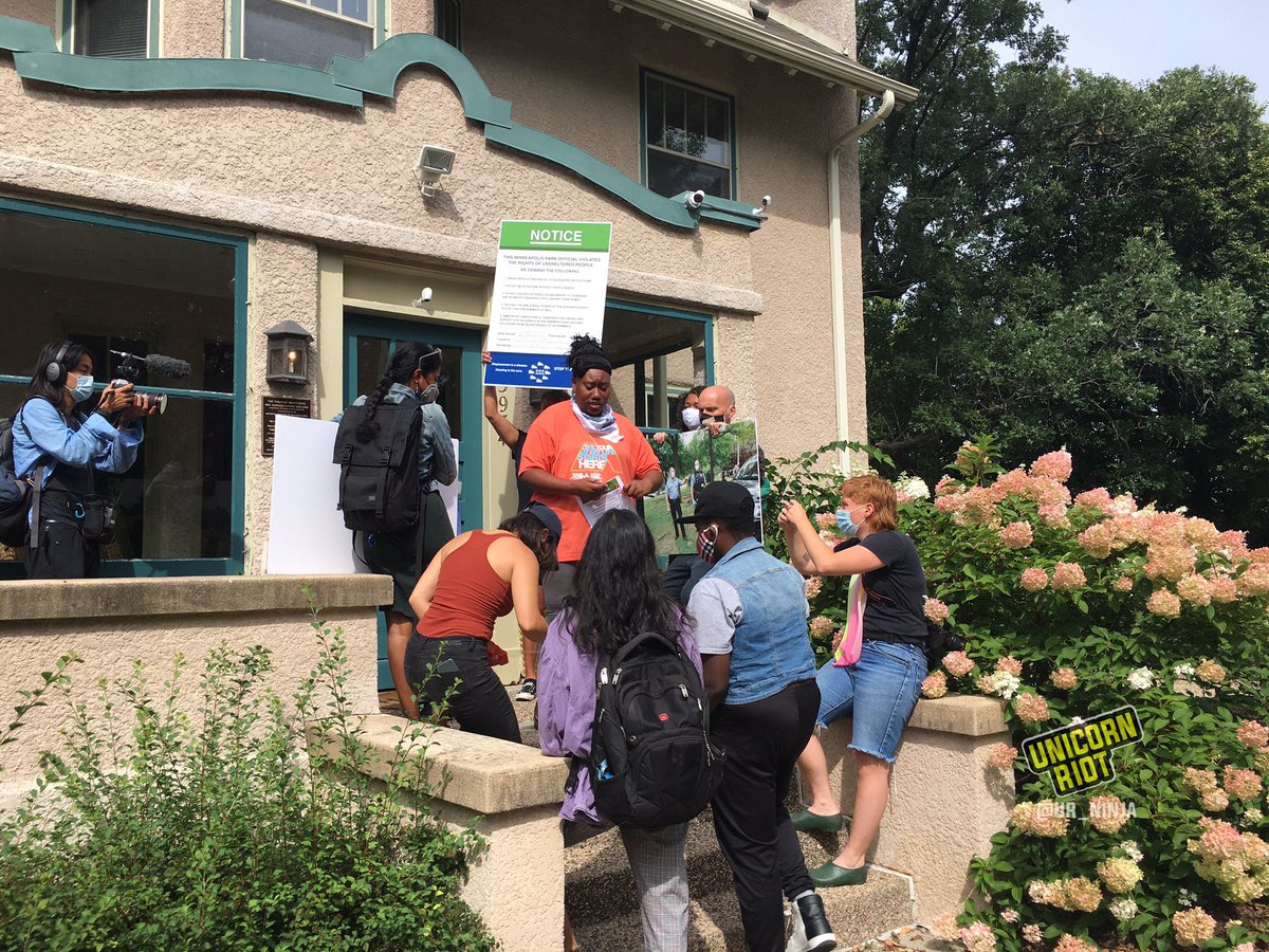 Unhoused  #Minneapolis residents & advocates attempted in-person delivery of their demands to Superintendent Al Bangoura. Unable to connect with him, they left several copies taped to his front door.Location of their “eviction notice” was listed as Stolen Dakota Land.