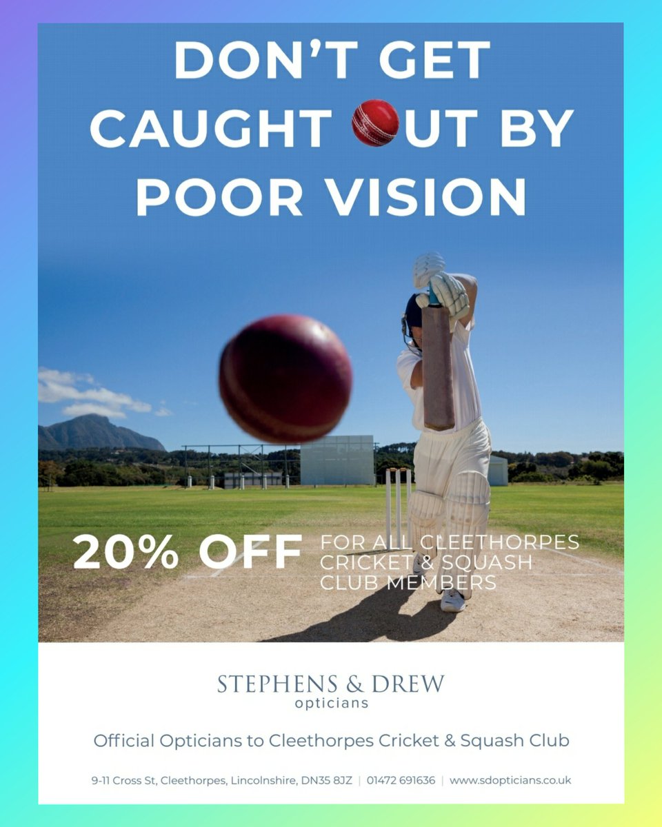 Cleeccsc's tweet photo. If you require an eye test, new 👓 or 🕶 Stephens &amp; Drew of  Cleethorpes offer a 20% discount to all Cricket &amp; Squash Club members https://t.co/vyjXLWyR8d