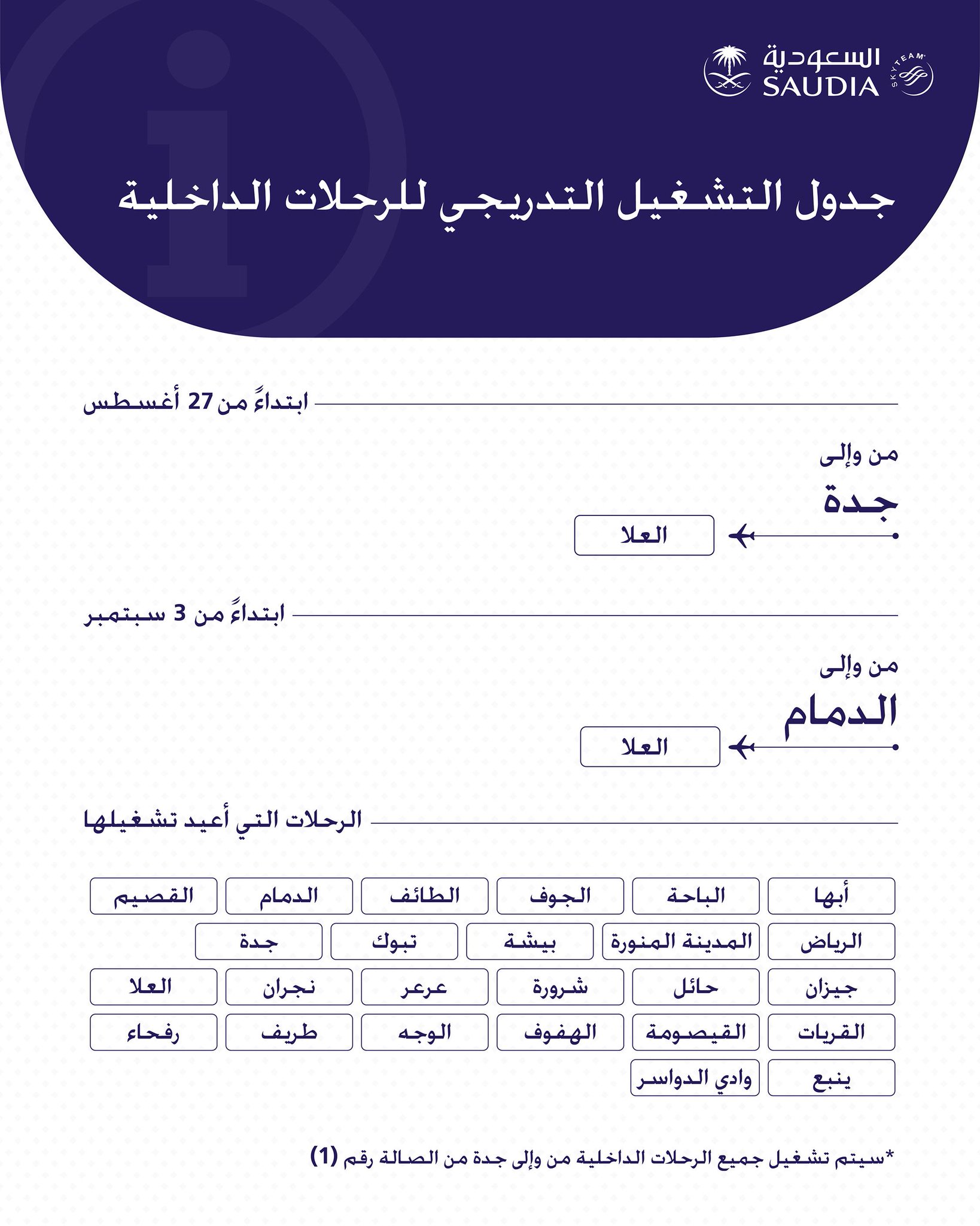 السعودية Saudia On Twitter ℹ نعلن عن جدول التشغيل التدريجي للرحلات الداخلية من جدة و الدمام إلى العلا ℹ We Will Be Resuming Domestic Flights From Jeddah Dammam To Alula