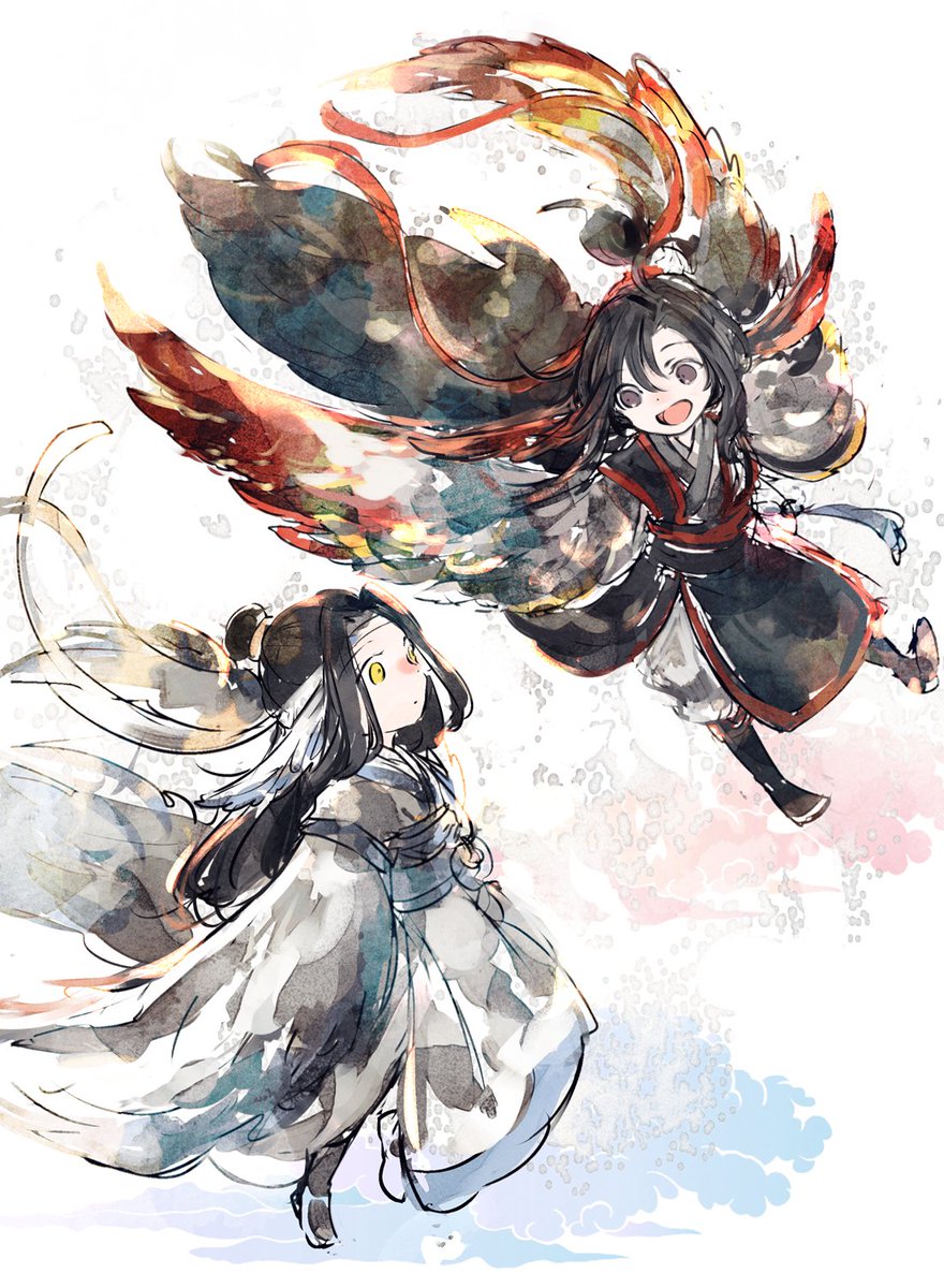 black hair long hair wings yellow eyes smile chinese clothes open mouth  illustration images