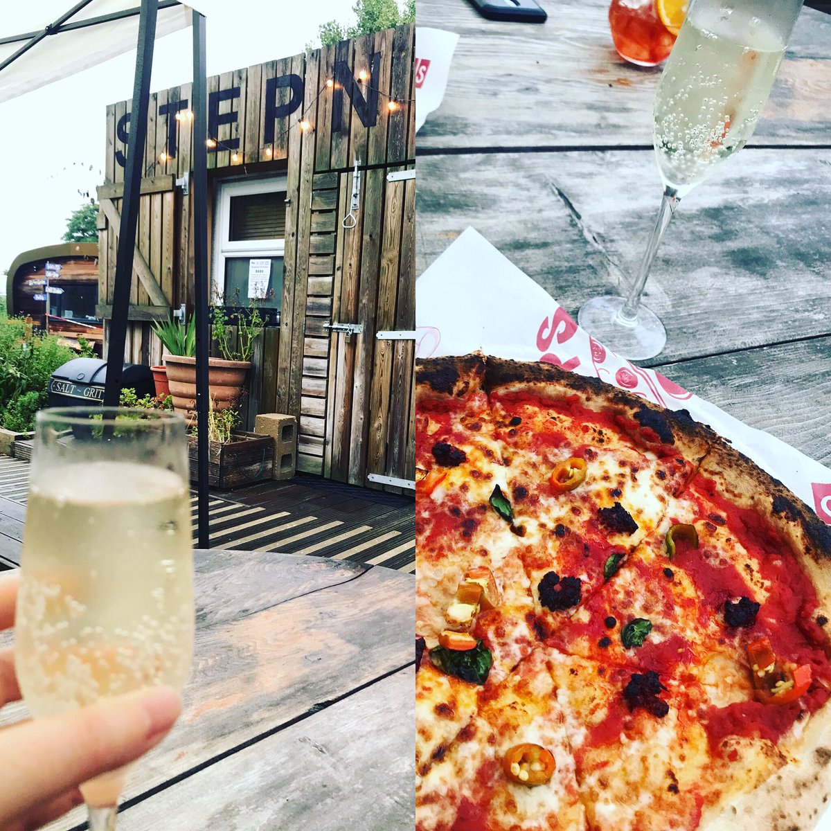 KateMoloughney's tweet photo. Pizza and bubbles at #AllotmentKitchen @StepneyCityFarm with @ocn1all fab evening in the rain #EatOutHelpOut https://t.co/1zAvGbIiB8
