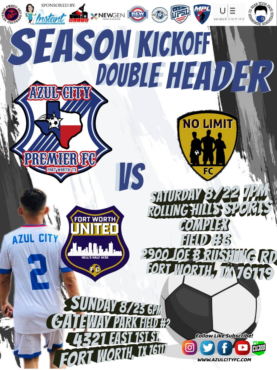 Azulcitypremier's tweet photo. We kickoff our MPL season with a double header weekend.  We will take on No Limit Saturday evening and we head back to the pitch Sunday evening to face Fw United.  We have been preparing during this long off season and are anxious for our season to begin. 

#azulcityfc https://t.co/ikzNMi30oI