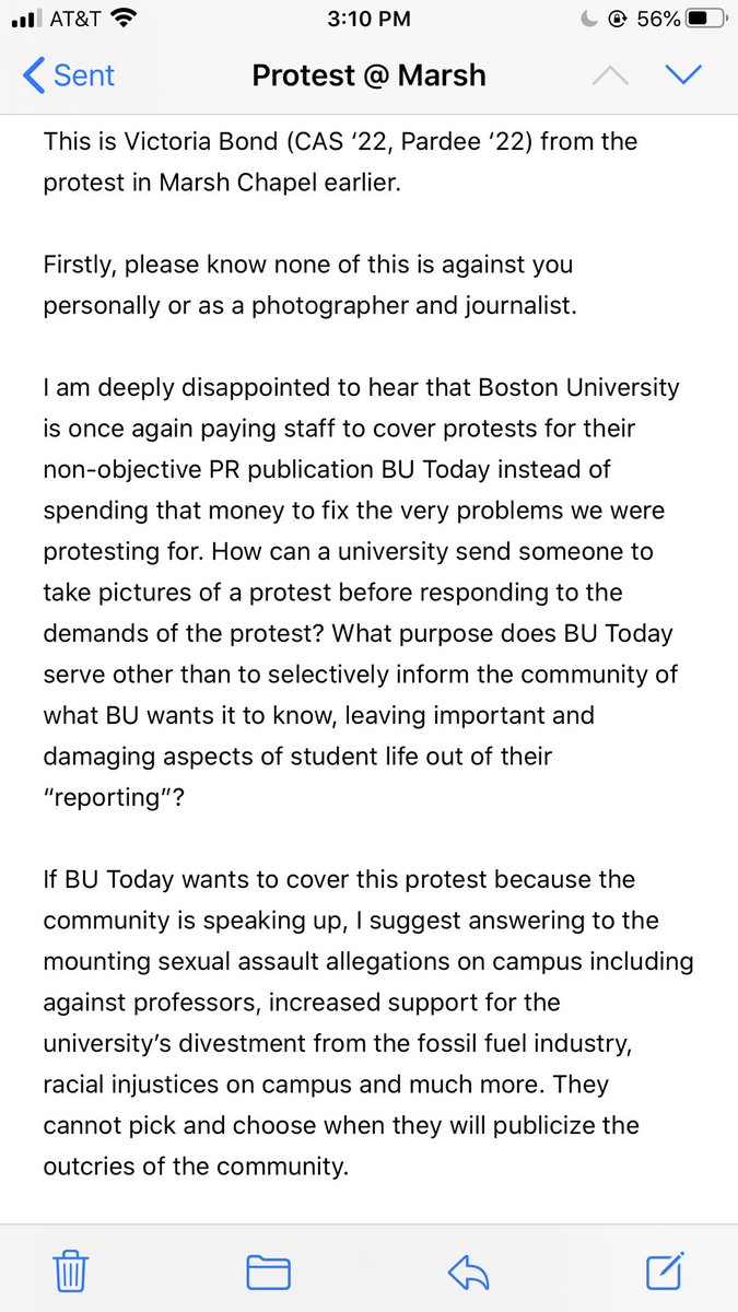 I was appalled that the University was spending money and resources on covering this protest in BU Today without responding to our demands and sent this email: