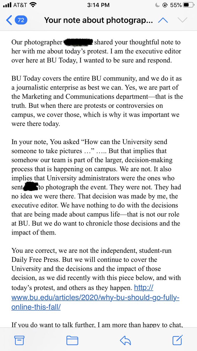 Once again, he was sympathetic to my message but reiterated that their publication is part of the “Marketing and Communications department” at BU. In general, his response comforted me that the administration were not ignoring protestors to their face then publishing stories.