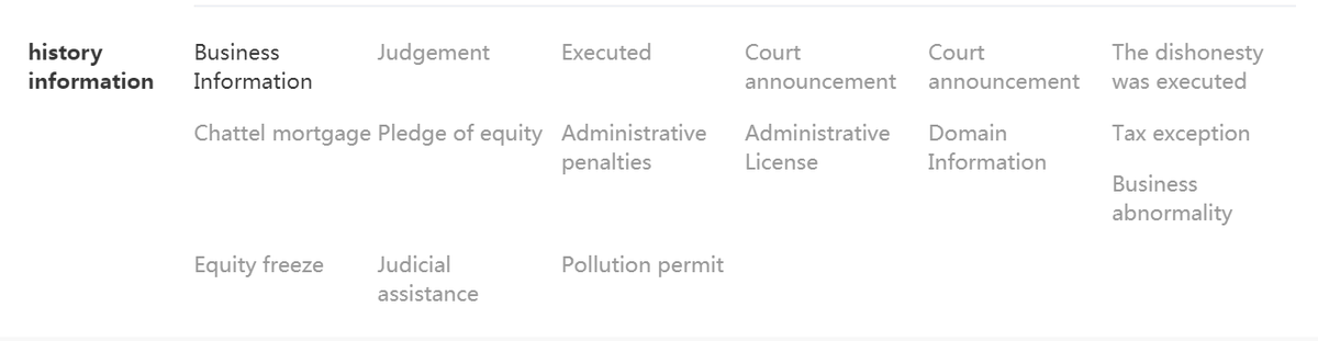 17. More Data (VIP Access - 50 USD per year)Data SourcesNational Enterprise Credit Information Publicity SystemChina Judgments NetChina Executive Information Disclosure NetworkState Intellectual Property OfficeTrademark OfficeCopyright Office