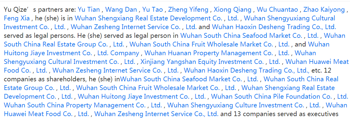 16. Shareholder Data https://www.qixin.com/shareholder/e4bd99e585b6e6b3bd/7cccab8a-c754-4db4-9a98-df846b0c9877South China Seafood Market Shareholders http://stock.jrj.com.cn/2020/01/28081428738730.shtml