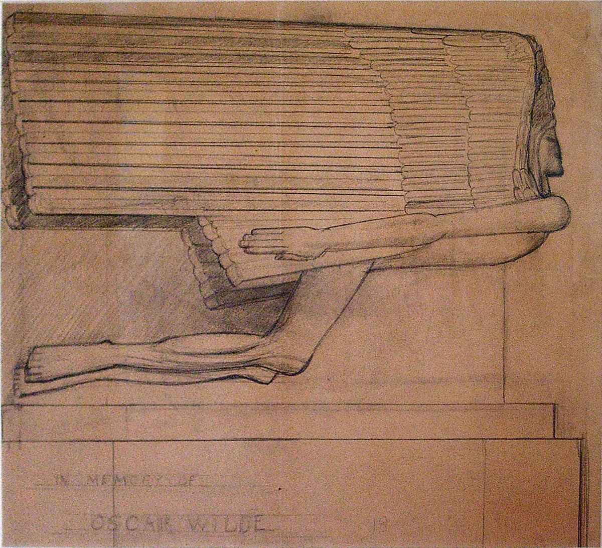 In 1908, during the height of the scandal about his naked figures in London, Epstein was commissioned to make Wilde's tomb. He planned a flying angel inspired by Assyrian, Egyptian, and Indian sculpture.