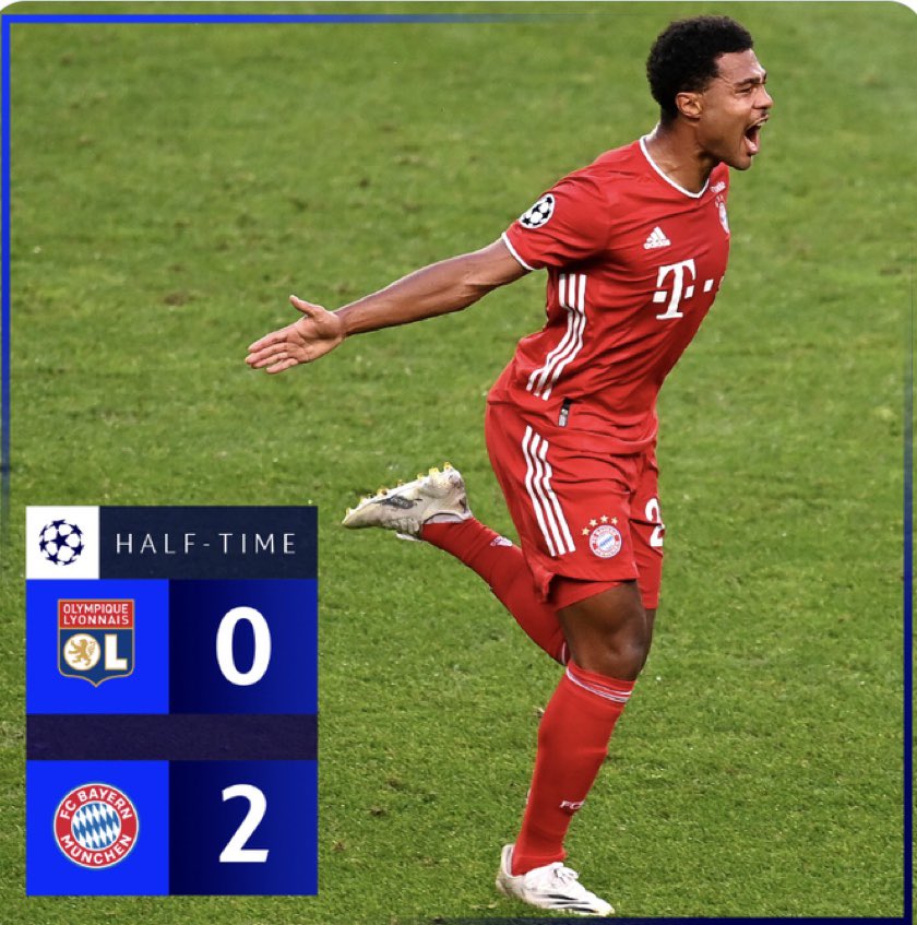 boxscorelive1's tweet photo. ⏰ HALF-TIME ⏰ 

Two goals ⚽️⚽️ by Gnabry.

What are your beds? 📲 Will Lewandowski score a goal in the second half?

#UCL #ChampionsLeague #CHAMPIONSxESPN #Bayern #LYOBAY https://t.co/BUMtOEvvsT
