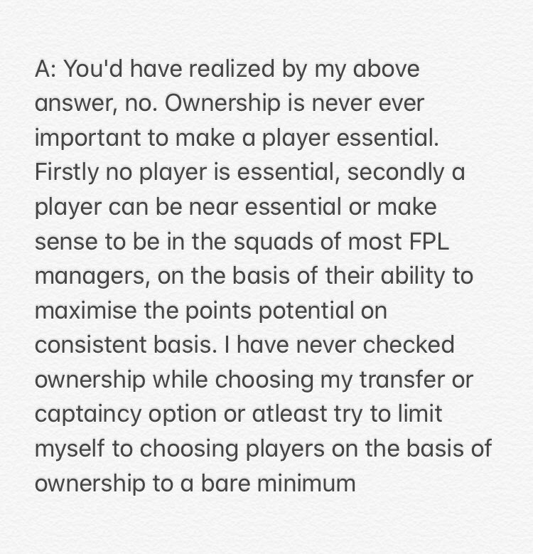Q: Based on your answer. Would you say a player is essestensial based on the ownership?