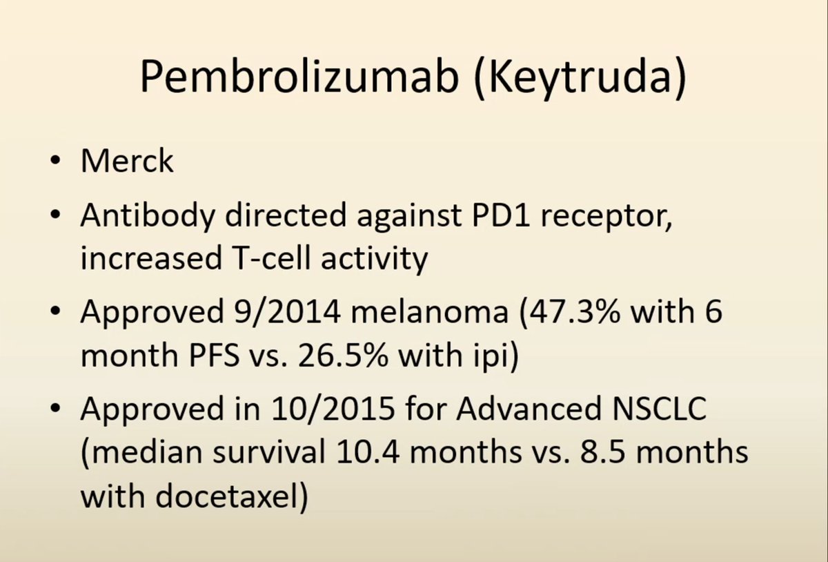 InspiraIM's tweet photo. 3/ Pembrolizumab: antibody to CD-1, which blocks the interaction between CD-1 and CD-1 Ligand. Indicated for Melanoma, NSCLC, Head &amp; Neck SCC, Classic Hosgkin’s Lymphoma, and many others! 😱 https://t.co/LRoBck2YwZ