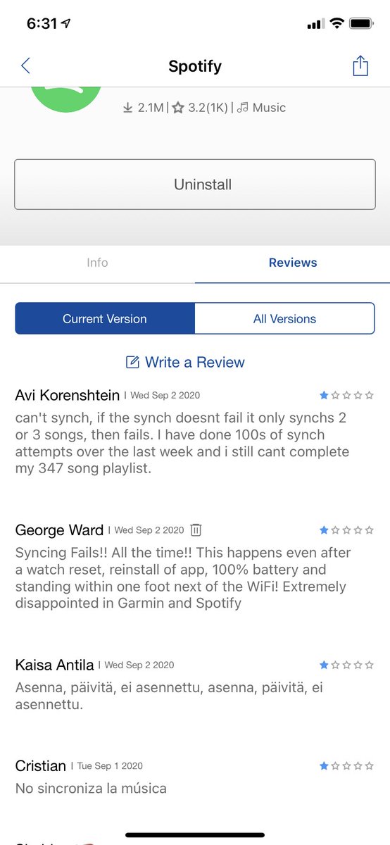 gsward's tweet photo. @SpotifyCares @Garmin The Spotify app on the Garmin App Store has stopped syncing music. The new release only has one star reviews of complaints. Please help and fix!! https://t.co/DXHaS9Bk0E