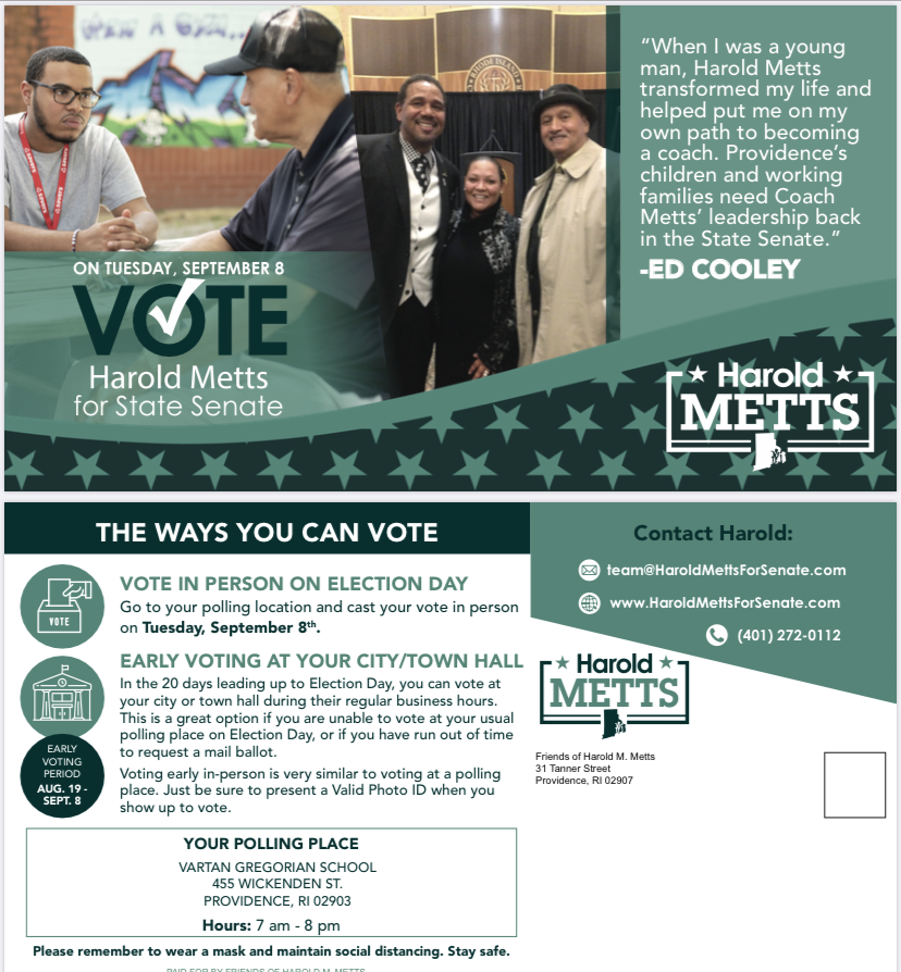 DanMcGowan's tweet photo. PC basketball coach Ed Cooley is part of Senator Metts’ closing argument to voters. https://t.co/2PHCWyFuHg