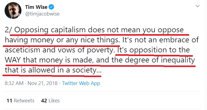 10/ @timjacobwise is open about this. He while current capitalism compromises us all, the problem is not the buying and selling of things, but rather the power relations in HOW the exchange is done and if there is income inequality.Tim Charges $10,000-$20,000 per speech.