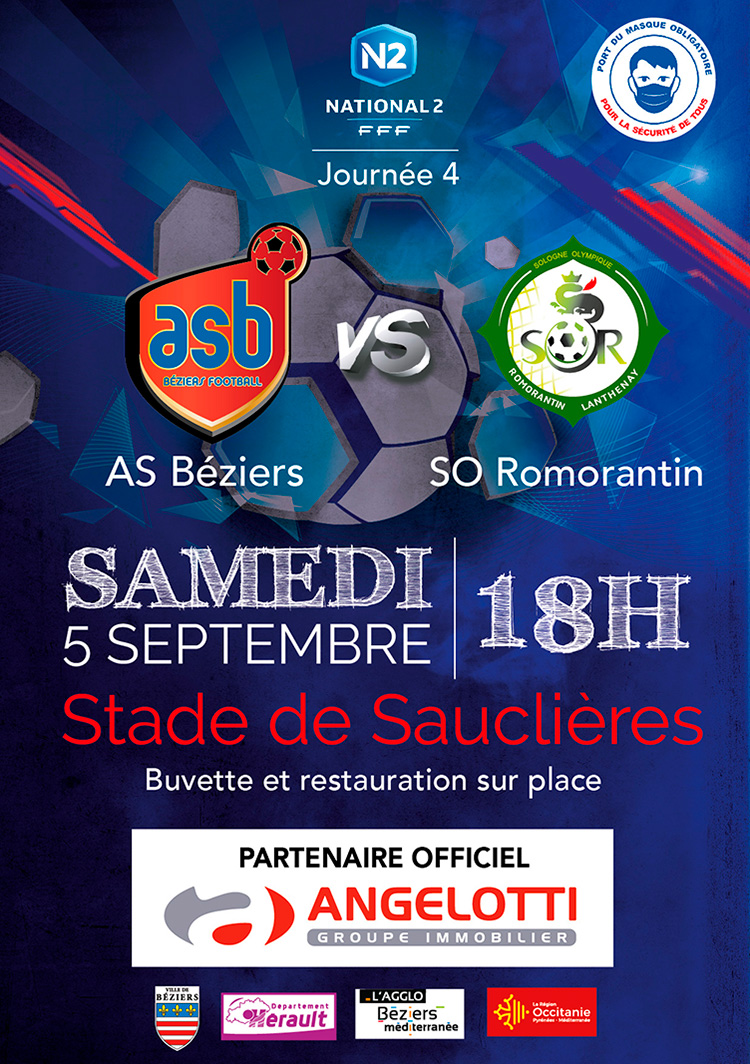 ASBeziersFoot's tweet photo. [N2]

📅 Samedi 05 Septembre
⚽ #National2 - Journée 04
🆚 SO Romorantin
📍 @VilleDeBeziers 
🏟️ Stade de Sauclières
⌚ 18h00
😷 Port du masque obligatoire
#ASBSOR
---
🔵🔴 #TeamASB https://t.co/gHzODzyN6U