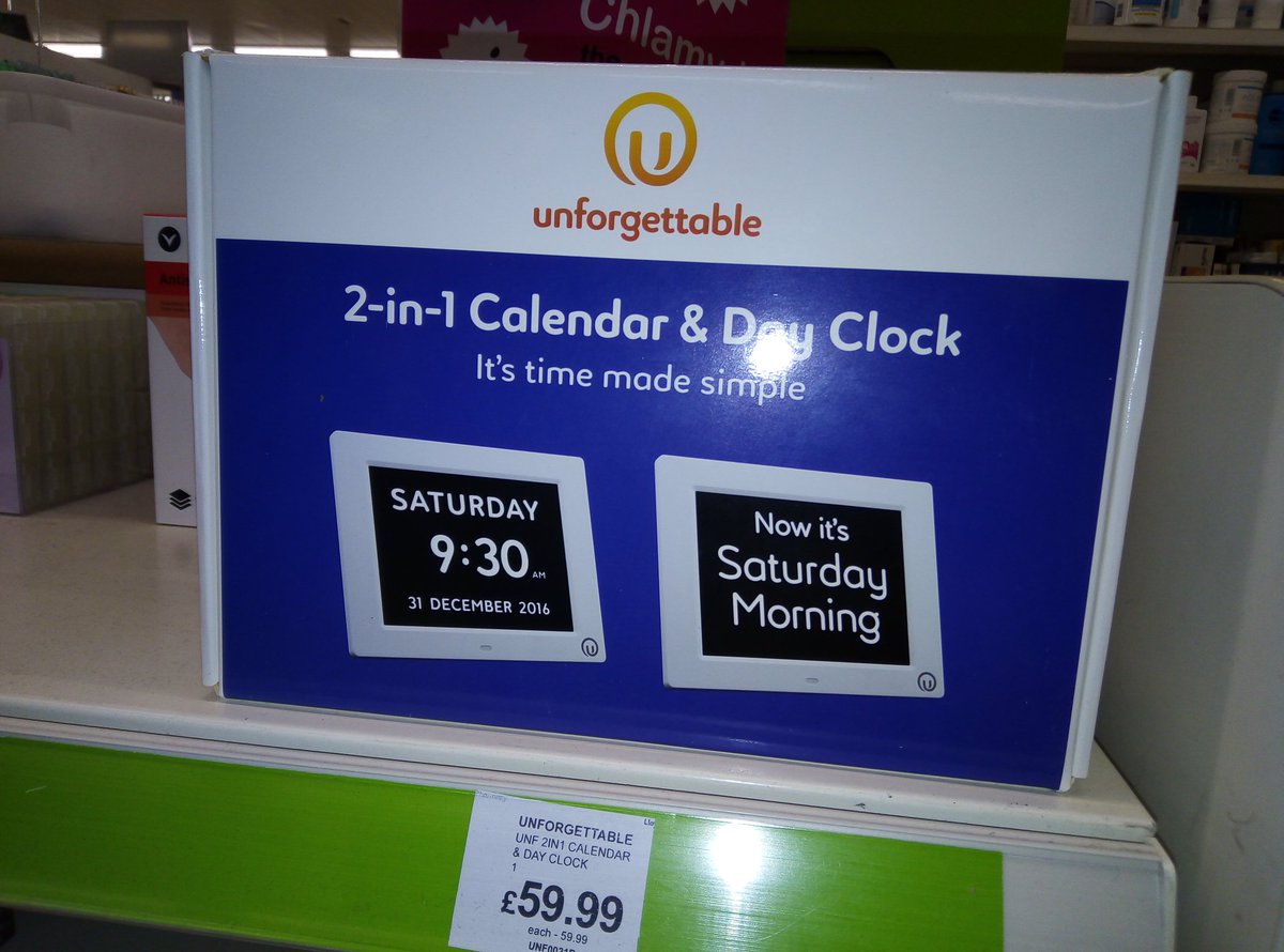 Hooper_Ruth's tweet photo. Unforgettable moment! Found #DayClock @LloydsPharmacy in @sainsburys in Frome, from Unforgettable & originally designed @DesignabilityUK https://t.co/5rmfh60VKD