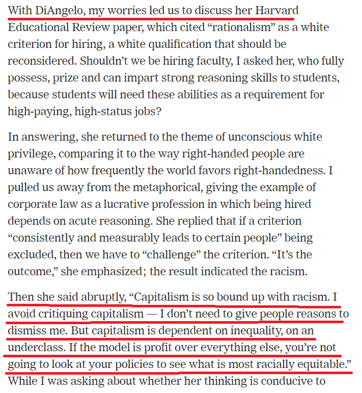 13/When "fighting racism" or doing some other work of wokeness getting paid is encouraged. This is often done while claiming capitalism is evil (by a woke definition). Here, Robin Diangelo trashes capitalism while charging $20,000 per speech and $340 for a phone consultation.