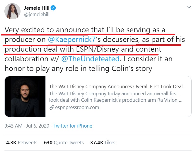 15/Remember, the Woke place massive importance on the discourse as in their view discourses are how structures of power are made and dismantled. Here Jemele Hill gets paid by Disney to help Colin Kaeprnick get paid millions of dollars to tell his story of being oppressed.