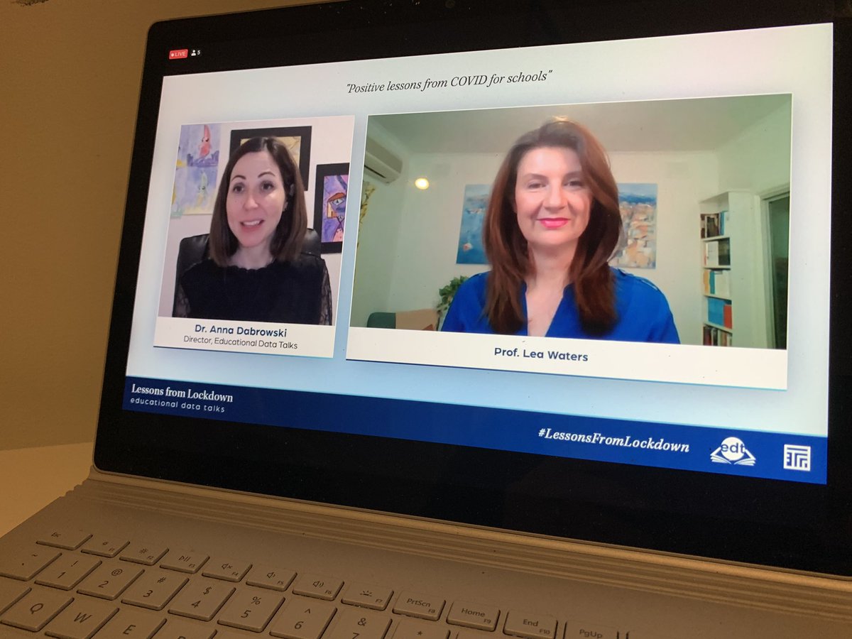 Inspiring end to a Thursday with @EduDataTalks and <a href="/annadabrowski2/">Dr Anna Dabrowski</a> engaging with the wonderful <a href="/ProfLeaWaters/">Lea Waters AM, PhD</a> as she identifies the positive opportunity a global pandemic has provided to interconnect and embed wellbeing and learning in our schools..👌#lessonsfromlockdown