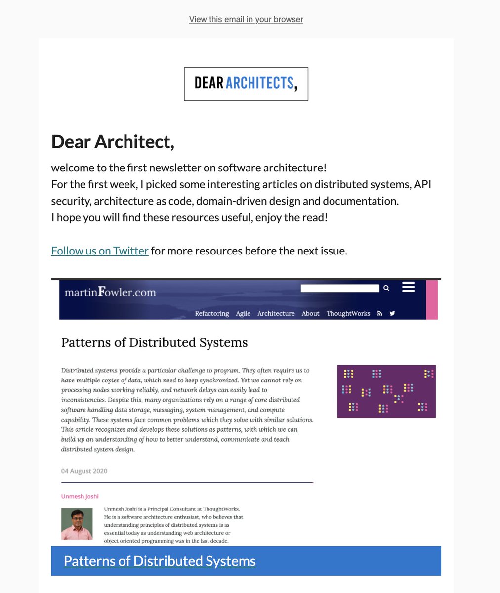 deararchitects's tweet image. #1 Dear Architects - mailchi.mp/33be04a678df/1…
In this issue we cover #distributedsystems, #architectureascode, #security, #ddd and #documentation
This is the newsletter made by architects for architects with passion
#softwarearchitecture #web #resource #architecture #leadership