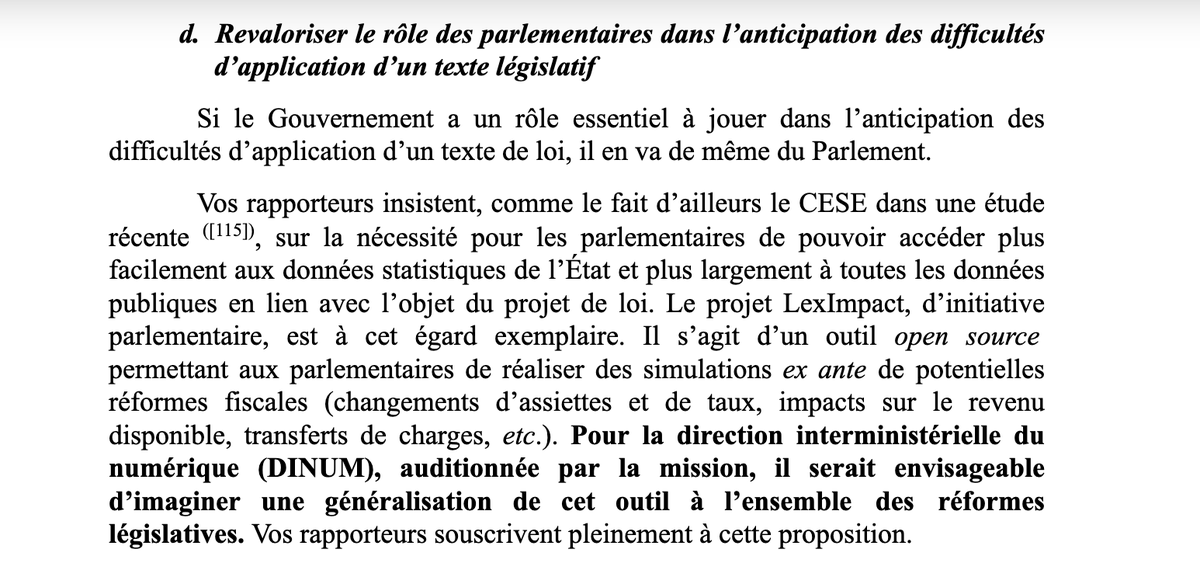 Dans le rapport d'information sur la concrétisation des lois, on parle de #LexImpact, outil d'évaluation ex-ante des réformes fiscales. La vision 'derrière' l'outil : réformer avec les données & rendre la procédure législative + transparente #RulesAsCode > bit.ly/3hU6D3P