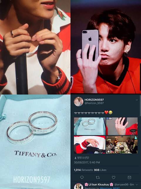  Tiffany and co rings During a fansign a fan gifted taehyung and jungkook two matching rings and they wore then during the whole promotion period.Taehyung was playing with his ring so much because it was slippery so jungkook took it and wore the both of them on his index