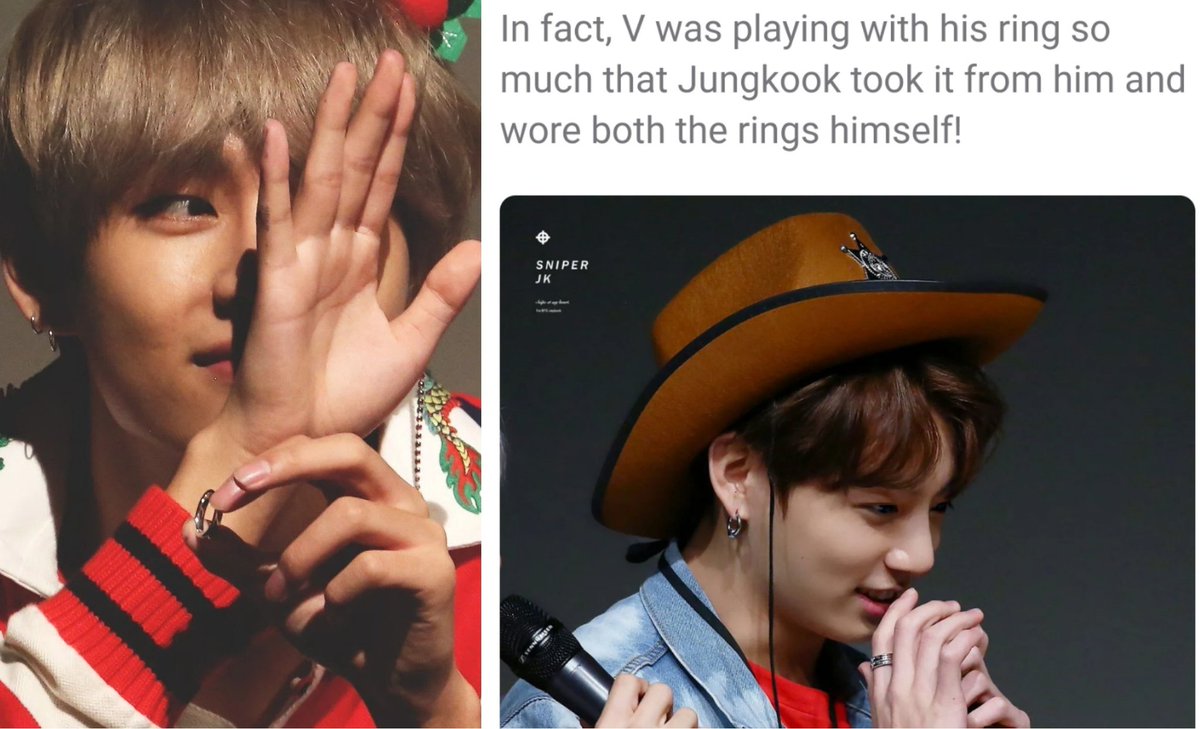  Tiffany and co rings During a fansign a fan gifted taehyung and jungkook two matching rings and they wore then during the whole promotion period.Taehyung was playing with his ring so much because it was slippery so jungkook took it and wore the both of them on his index