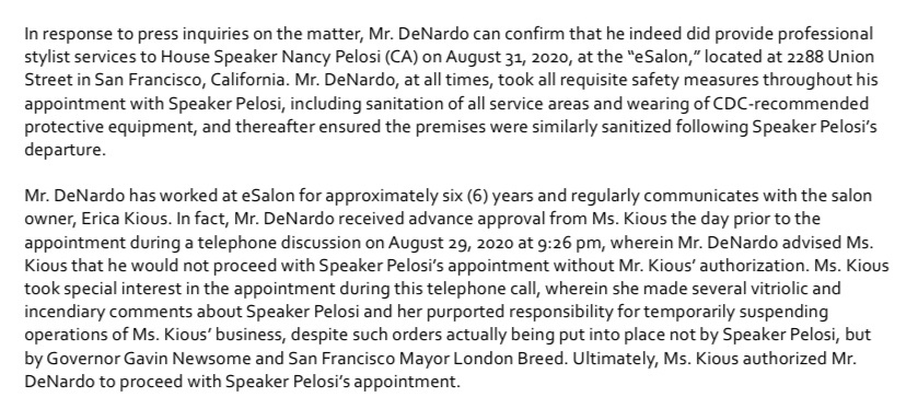 Update: Last night, a lawyer for the stylist released a statement. The salon owner did not respond to a request for comment.  https://www.sfchronicle.com/bayarea/article/Speaker-Pelosi-calls-salon-visit-a-set-up-15538247.php