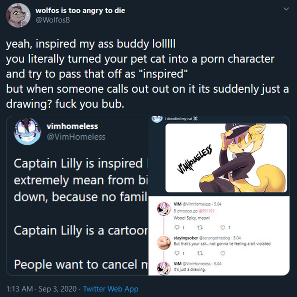 "The design is inspired by my cats breed""Well uh... Nuh uh!! I call bullshit"Won't go into why not having supporting evidence beyond him referring to a character that is his, who is a cat, as "my cat."Tillie would also be "my alien" but I don't think Vim has an irl alien.