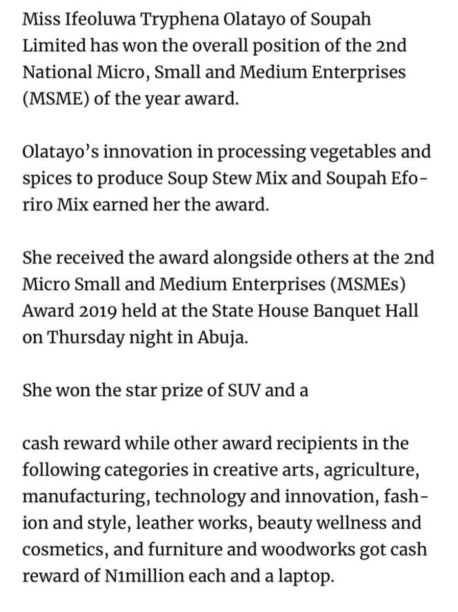 nnaji_kate's tweet photo. #MSMESuccessStories
Meet Miss Tryphena Olutayo of Soupah Limited.
Olutayo innovation in processing vegetables and spices to produce Soup Stew Mix and Soupah Eforiri Mix earned her a a brand new SUV car and a 2 Million Naira in the 2019 #MSMEAward https://t.co/VsbOCCNHFc