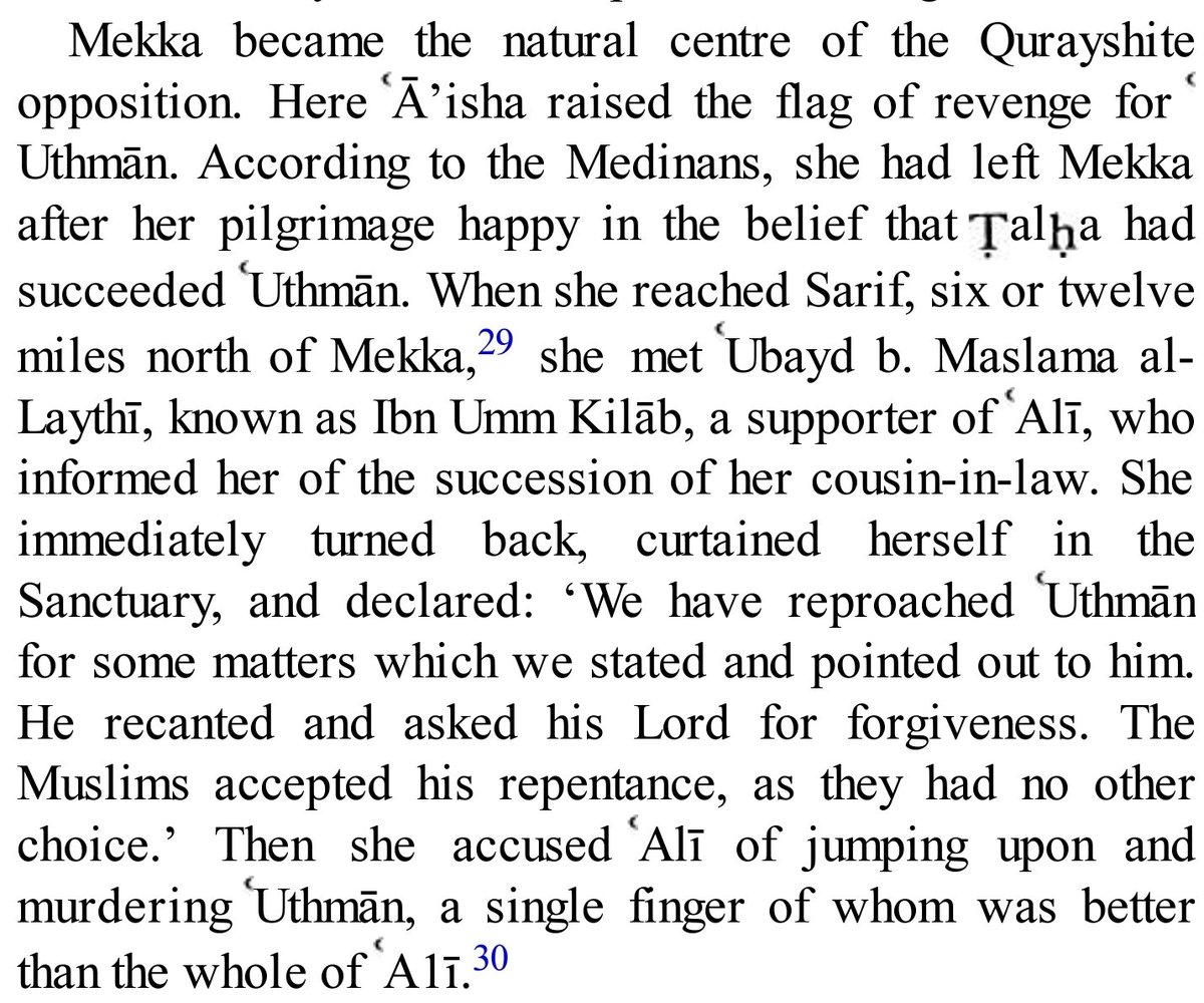 Let's say Talha did become Caliph, wouldn't Uthman still have been a poor murdered ex-Caliph? Why wasn't Aisha thinking of the repentance of Uthman w/ Caliph Talha?Painfully obvious she cares ZERO for Uthman and his empty merits. She's driven by her HATE for Imam Ali. Gross.