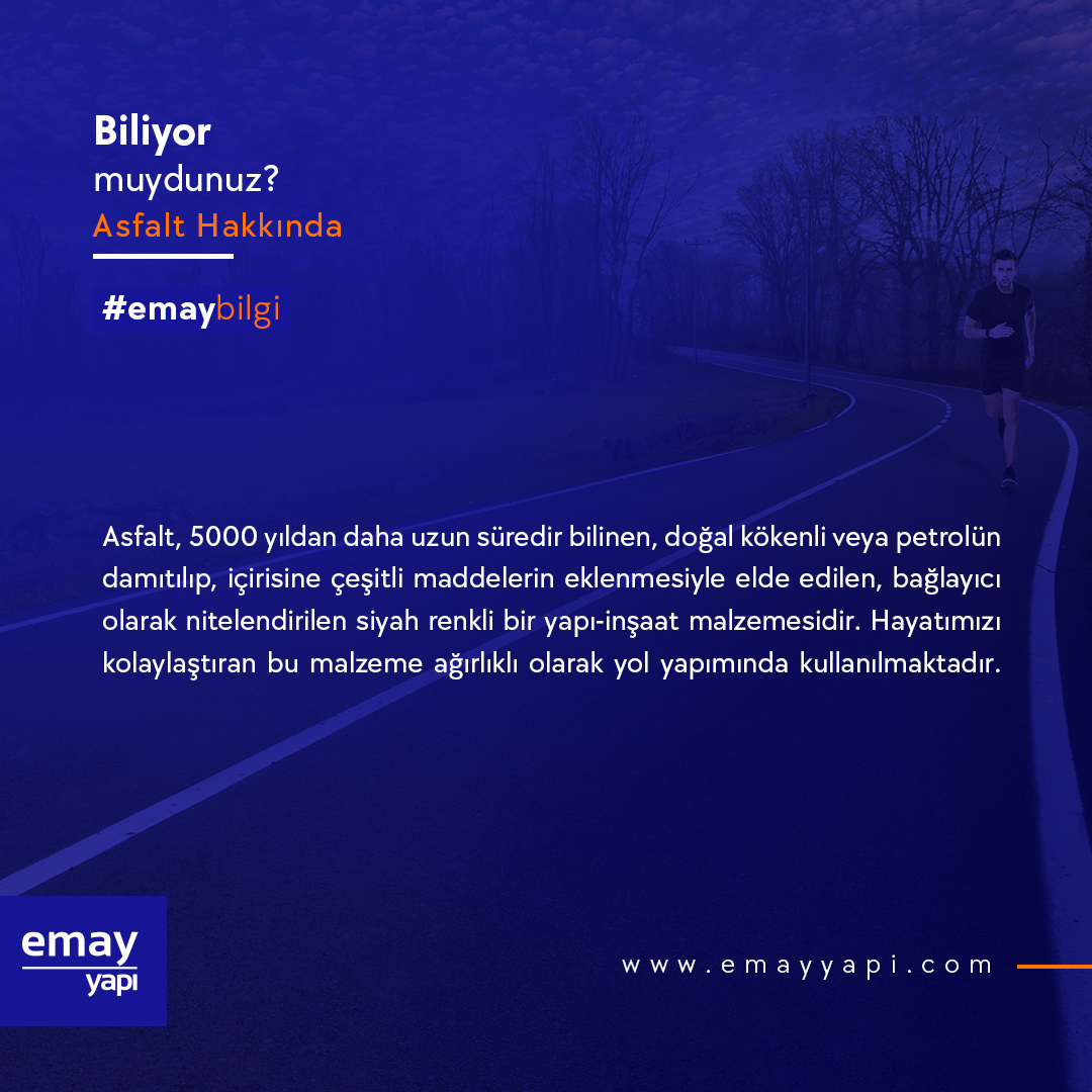 Hayatımızı kolaylaştıran bu malzeme ağırlıklı olarak yol yapımında kullanılmaktadır.

Emay Yapı olarak, tüm kullanım alanlarında asfalt projeleri üretiyor ve geliştiriyoruz. 
emayyapi.com

#emaybilgi #asfalt #kocaeli