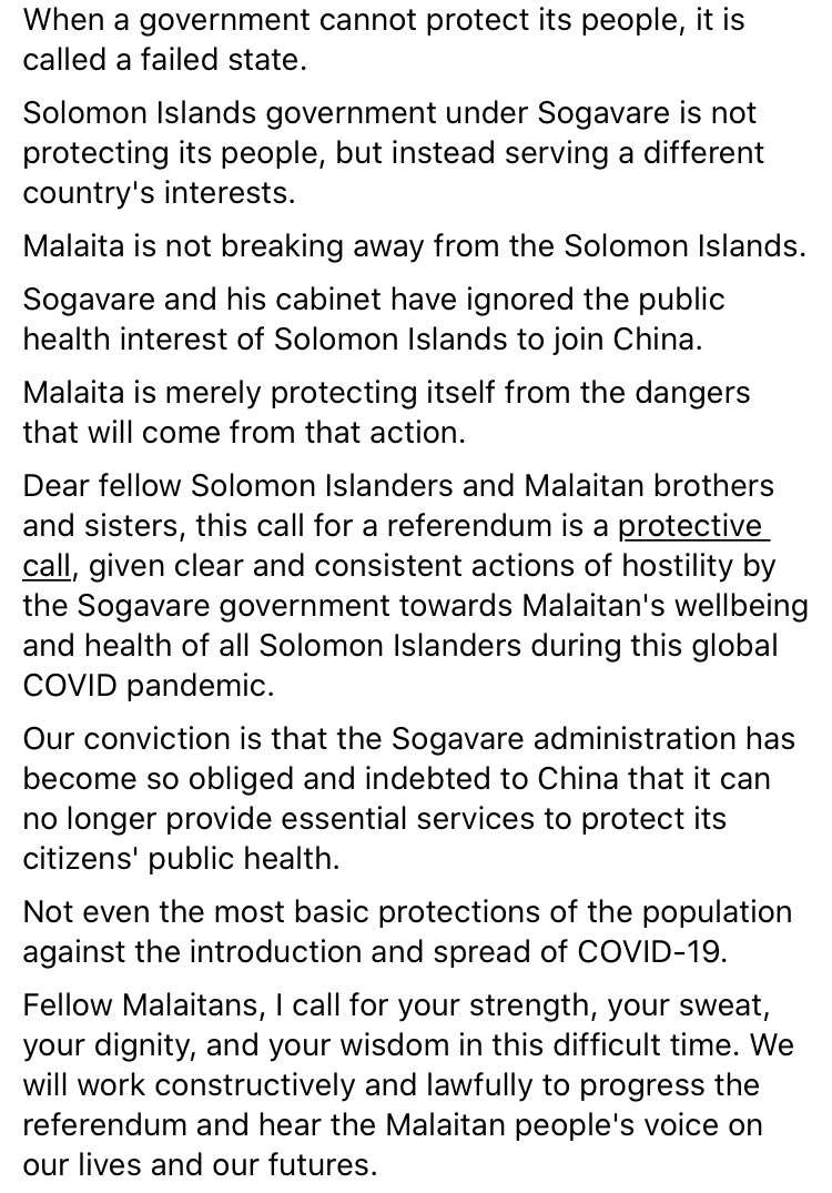 Suidani further explaining his plans today - confirming Malaita referendum as a “protective measure” against the Sogavare Gov which he claims is “serving a different country’s interests”.