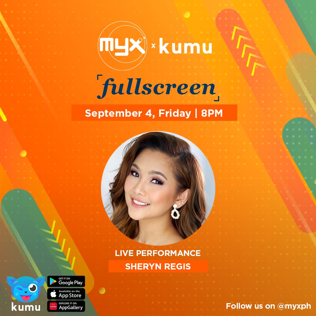 myxglobal's tweet photo. Kaming bahala sa LIVE kantahan this Friday night! Samahan niyo kami sa #MYXFullscreen bukas, September 4 at 8pm with our special guest @sherynregisreal! Follow niyo kami sa KUMU @ myxph! https://t.co/4BwceUd9dC