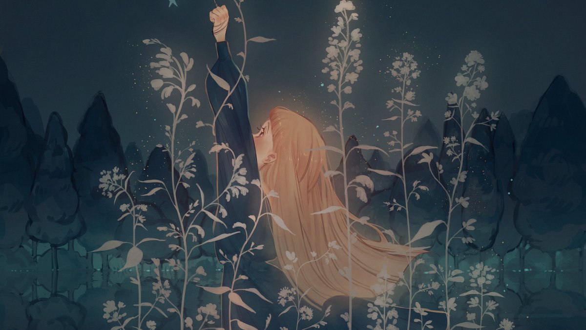 1girl long hair solo night dress sky plant  illustration images