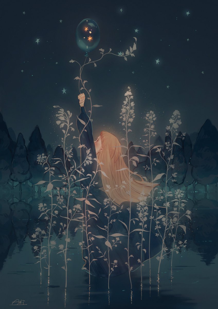 1girl long hair solo night dress sky plant  illustration images