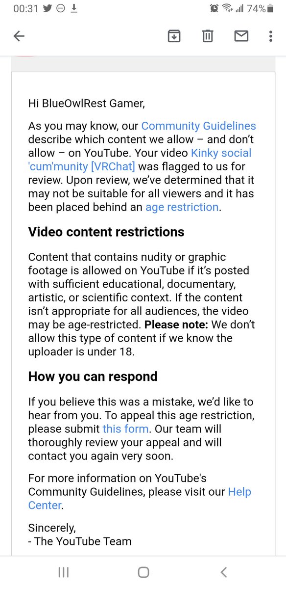 BlueOwlRest's tweet image. They are putting a video that was already age restricted into ... age restrictions. I even had a warning at the beginning of the video. #YouTube #WTFYouTube