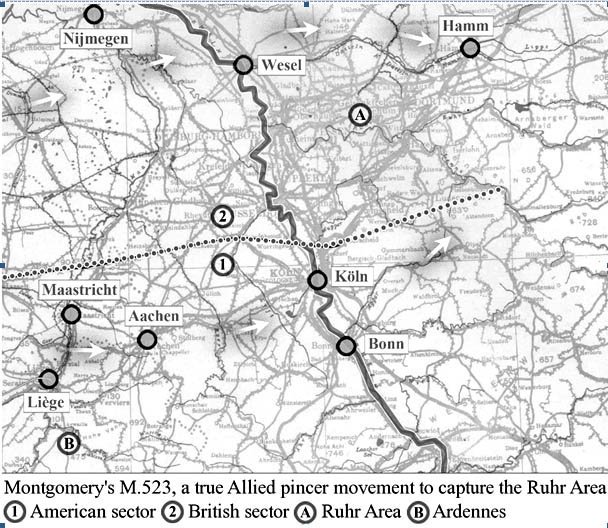 The right flank movement would have to come from American 1 Army's 7 and 19 Corps, through the Aachen Gap. A true Allied pincer movement, meant to cross the Rhine River and capture the Ruhr Area.