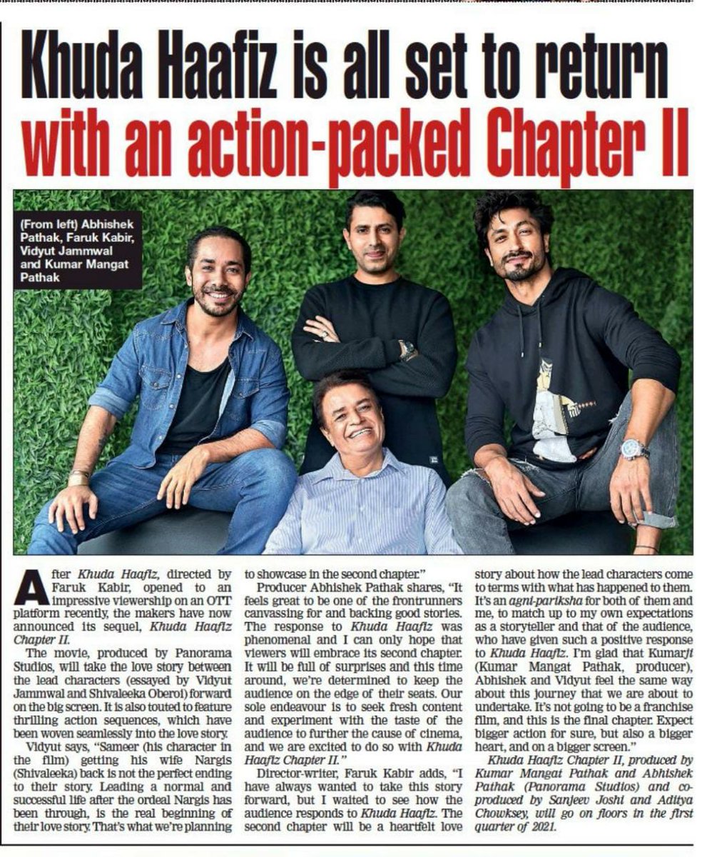After the phenomenal success of #KhudaHaafiz, <a href="/PanoramaMovies/">Panorama Studios</a> gears up to create the 2nd installment of the film,  'Khuda Haafiz Chapter ll'. The film is all set to go on floors in the first quarter of 2021!
<a href="/ShivaleekaO/">Shivaleeka Oberoi</a>
<a href="/KumarMangat/">Kumar Mangat Pathak</a> <a href="/AbhishekPathakk/">Abhishek Pathak</a>
<a href="/faruk_kabir/">faruk kabir</a>
