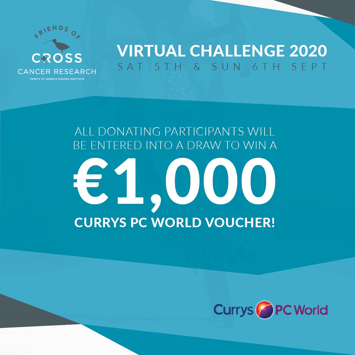 With huge thanks to our friends at Currys PC World, we are delighted to share that all Virtual Challenge 2020 donating participants will be entered into a draw to win a €1,000 Currys PC World Voucher! @curryspcworld 

#FriendOfCross