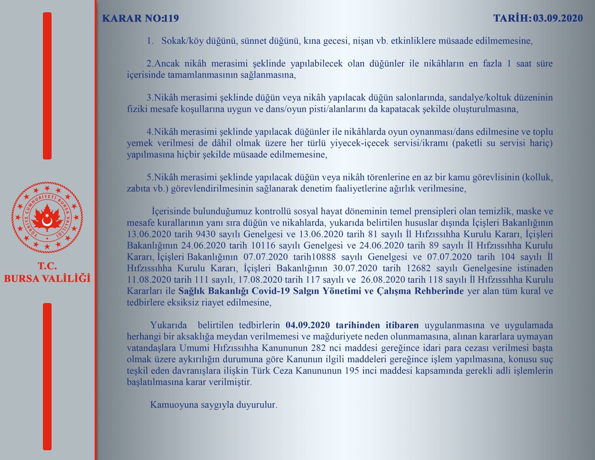 İl Hıfzıssıhha Kurul Kararı (Karar No: 119)