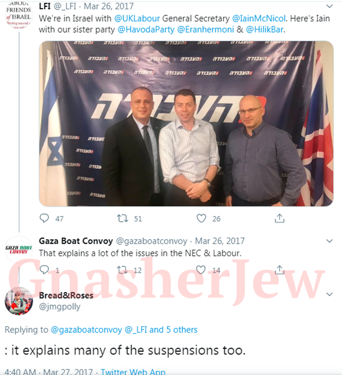 Esther interacts with the highly antisemitic "Gaza Boat Convoy" (Laura Stuart), to discuss their view that  @IainMcNicol ( @UKLabour ex GS) was being influenced by Israel to suspend members from  @UKLabour BTW Laura Stuart was arrested on suspicion of terrorism by SU15 3/