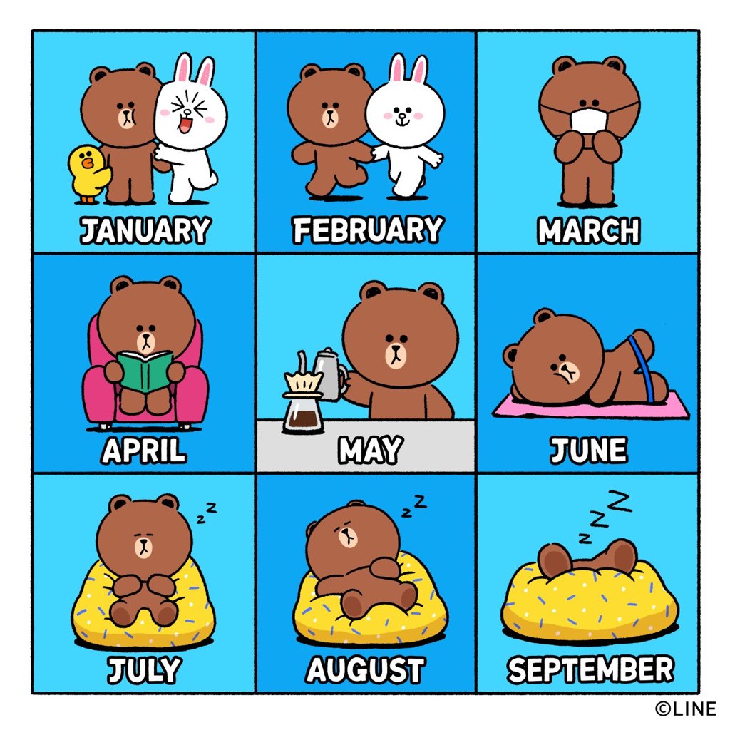 _LINEFRIENDS's tweet image. This is how 2020 panned out for the majority of us.
And each month felt precious! 🥰
⠀
#2020challenge #stayhome #staysafe #BROWN #CONY #SALLY #LINEFRIENDS