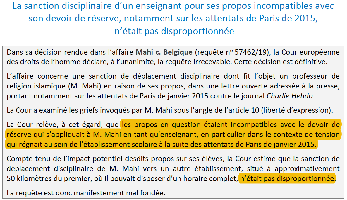 N_Hervieu's tweet photo. Liberté d'expression des #enseignants : La sanction disciplinaire infligée à un professeur en raison de ses propos sur l'attentat contre @Charlie_Hebdo_ ne viole pas la #CEDH.

Et ce, même si ces propos n'étaient pas, en soi, pénalement répréhensibles.

=> https://t.co/xGxLN59f8d https://t.co/mp835WgpUz