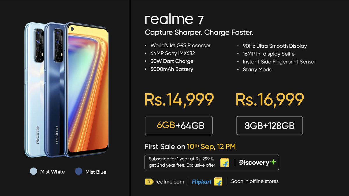gadgetworld360's tweet photo. #realme7

Available in:
👉6+64GB, ₹14,999
👉8+128GB, ₹16,999

1st sale at 12PM, 10th September on Flipkart. https://t.co/5JNxFlH0sF