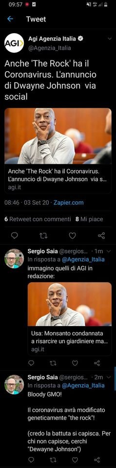 sergiosaia's tweet photo. AGI: #Dwayne 'The Rock' Johnson has #Coronavirus

AGI: #Dewayne Johnson against #Monsanto

Clearly #gliphosate produced and transferred the 《e》transgene. 

Bloody #GMO! Now they also change the names of persons!

@AgBioWorld @GMOInfo_IT @GeneticsGSA @GeneticLiteracy https://t.co/cjOPCFIvo2