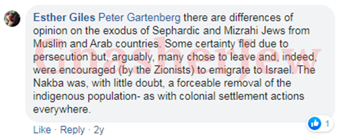 Here Esther attempts to rewrite Jewish history. TThis is a disgusting comment. Almost 850,000 Jews were forcibly expelled from Arab countries, Ester is re-imagining history to suit her antisemitic views and hatred of Israel. 8/