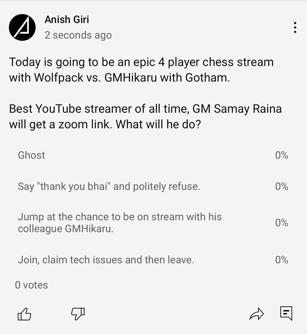 Anish Giri on X: Doing a poll on . Currently option 3 is trending.  Hoping for option 4!🤞  / X