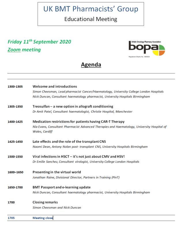 #BOPA BMT STUDY DAY

The UK BMT Pharmacists’ Group are holding a virtual ZOOM Educational Meeting 11th Sept 2020. 

FREE to attend!

All info can be found here: 

bopa.org.uk/bmtmeeting/