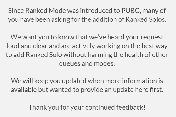 Pubg Support Announcement On Our Intentions To Add Ranked Solo Mode